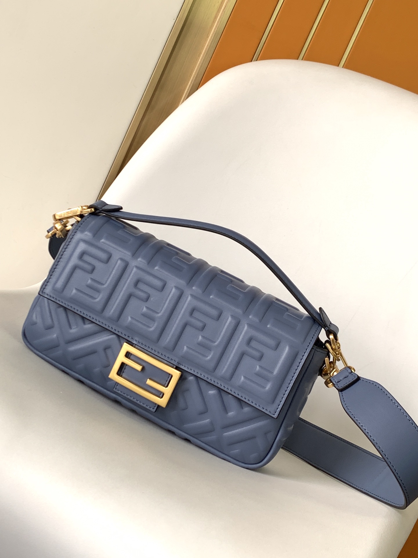 Fendi Medium Baguette Nappa Leather with FF Motif Shoulder Bag Navy Blue